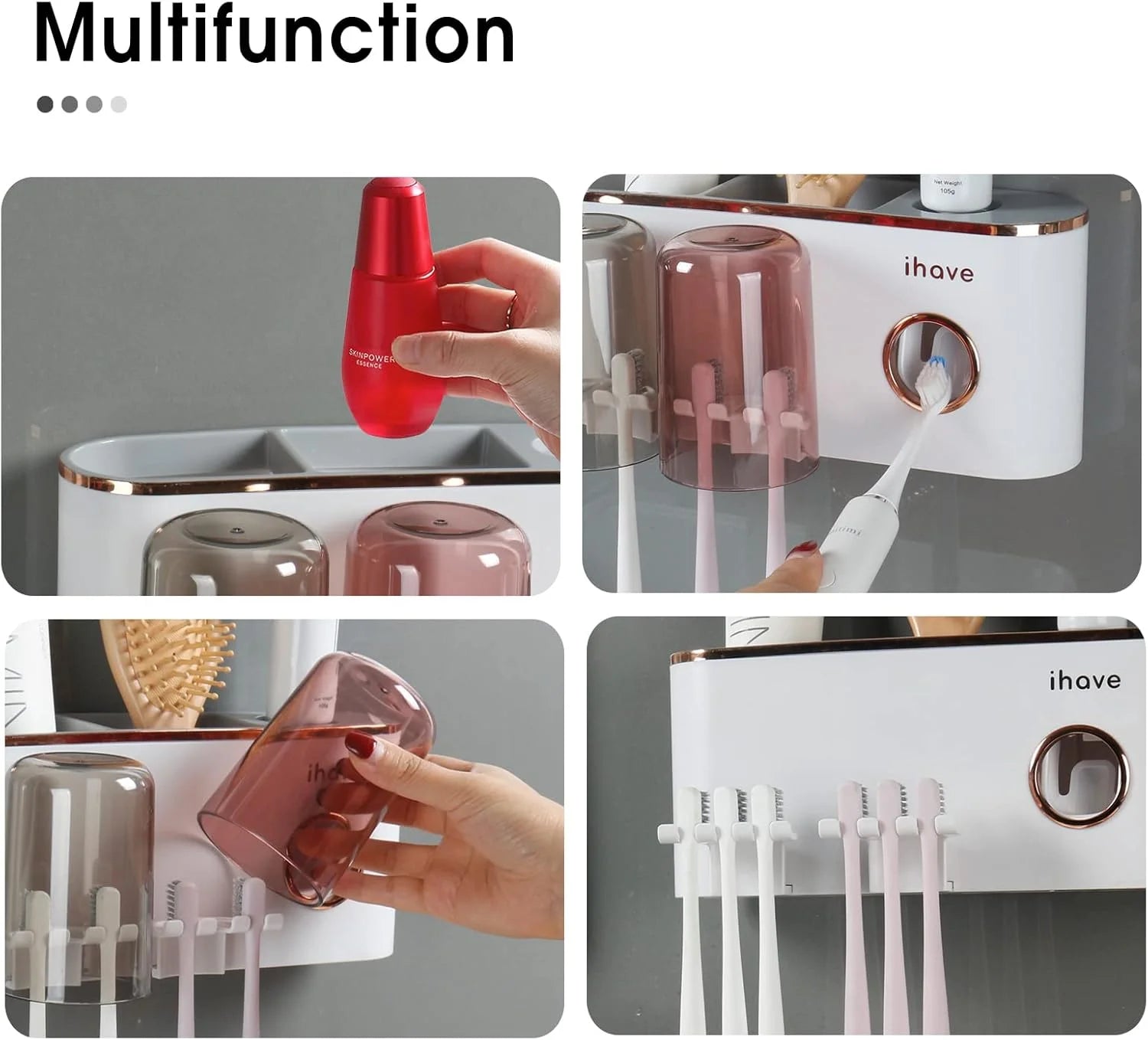 Bathroom Organizer with Toothpaste Dispenser and 2 Cups - Wall-Mounted Toothbrush Holder