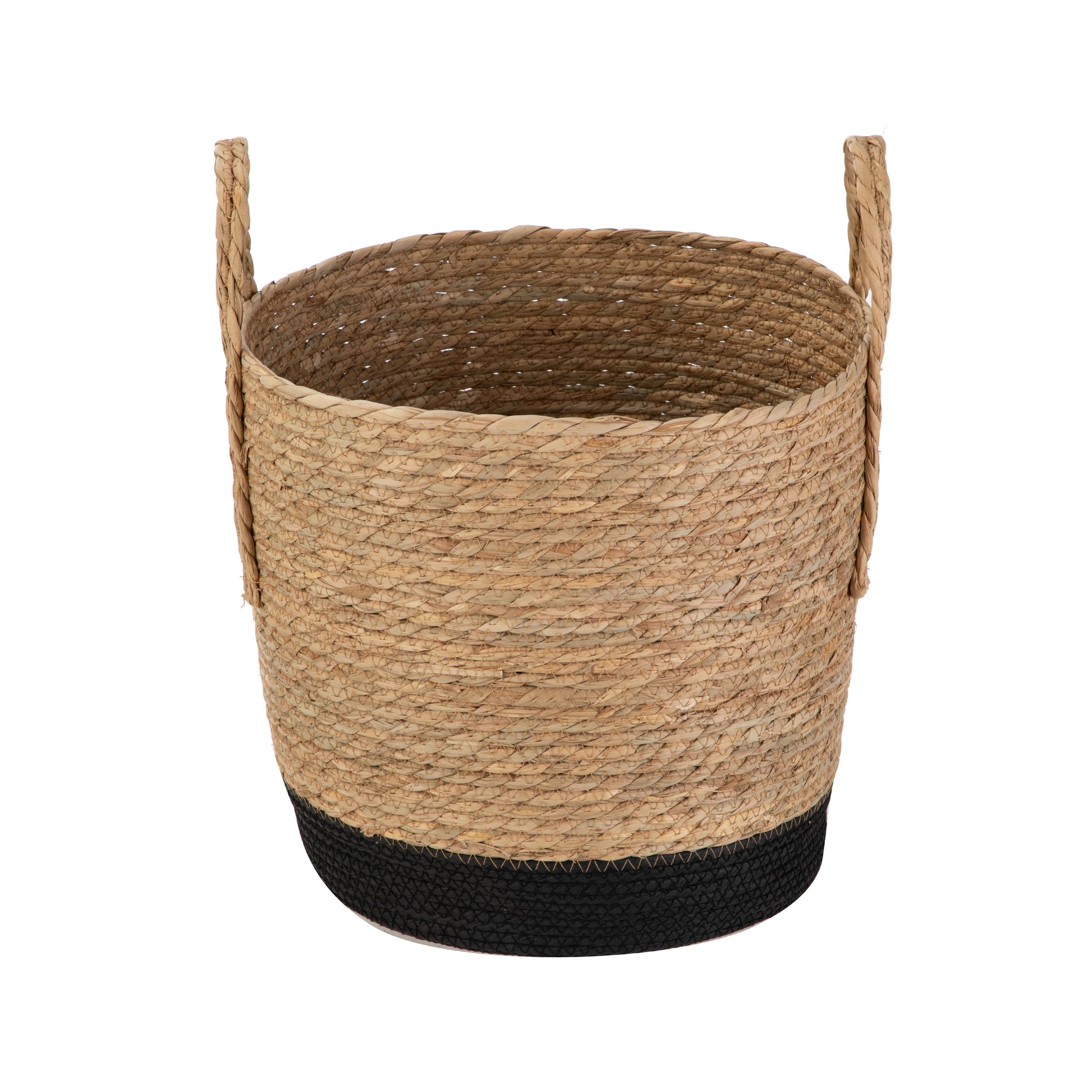 Natural and Black round Rush Baskets, Set of 2