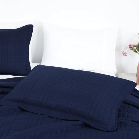 Kingston Oversized Quilted Microfiber Bedspread Set, 3-Piece Navy Queen Size Coverlet (100" x 106") for All Seasons