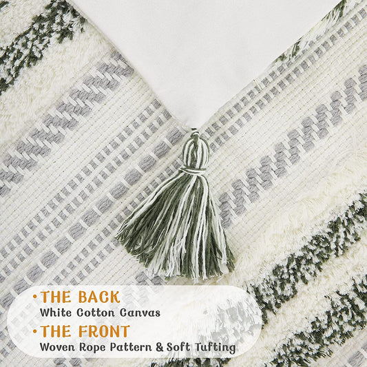 Bohemian-Inspired Summer Decorative Lumbar Pillow Cover 12x20, Textured Tufted Striped Accent for Couch and Bed in Green and Cream, Single Pack