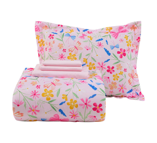 7-Piece Pink Wildflower Polyester Bedding Set for Full-Size Girls
