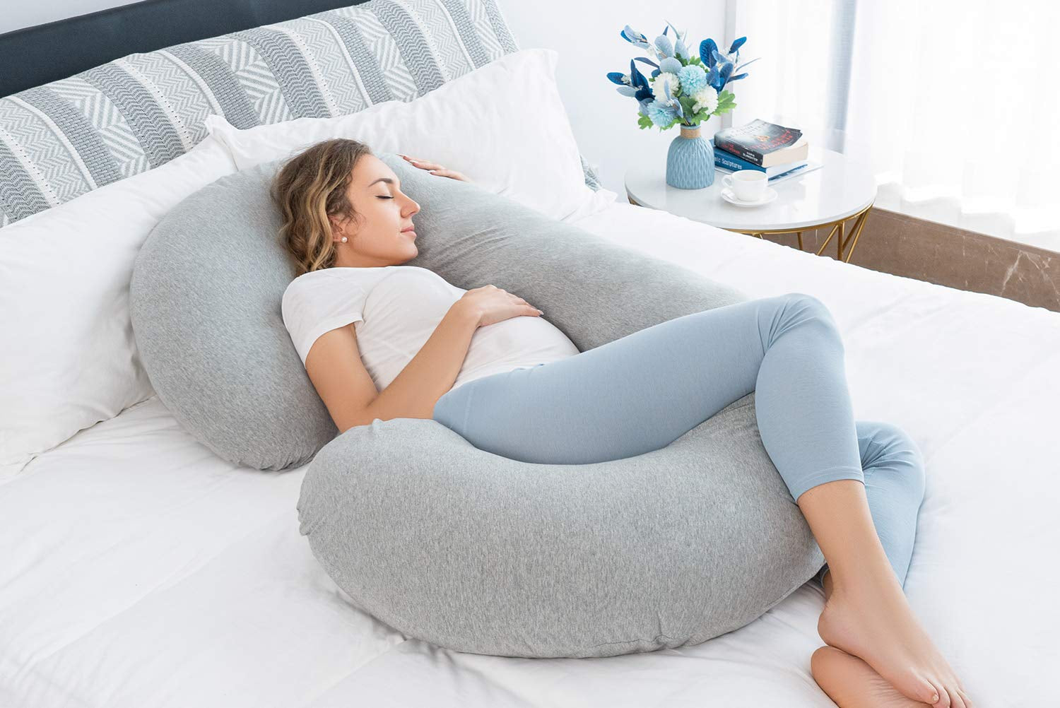 Maternity C-Shaped Pregnancy Pillow with Jersey Cotton Cover for Enhanced Sleep Comfort (Grey)