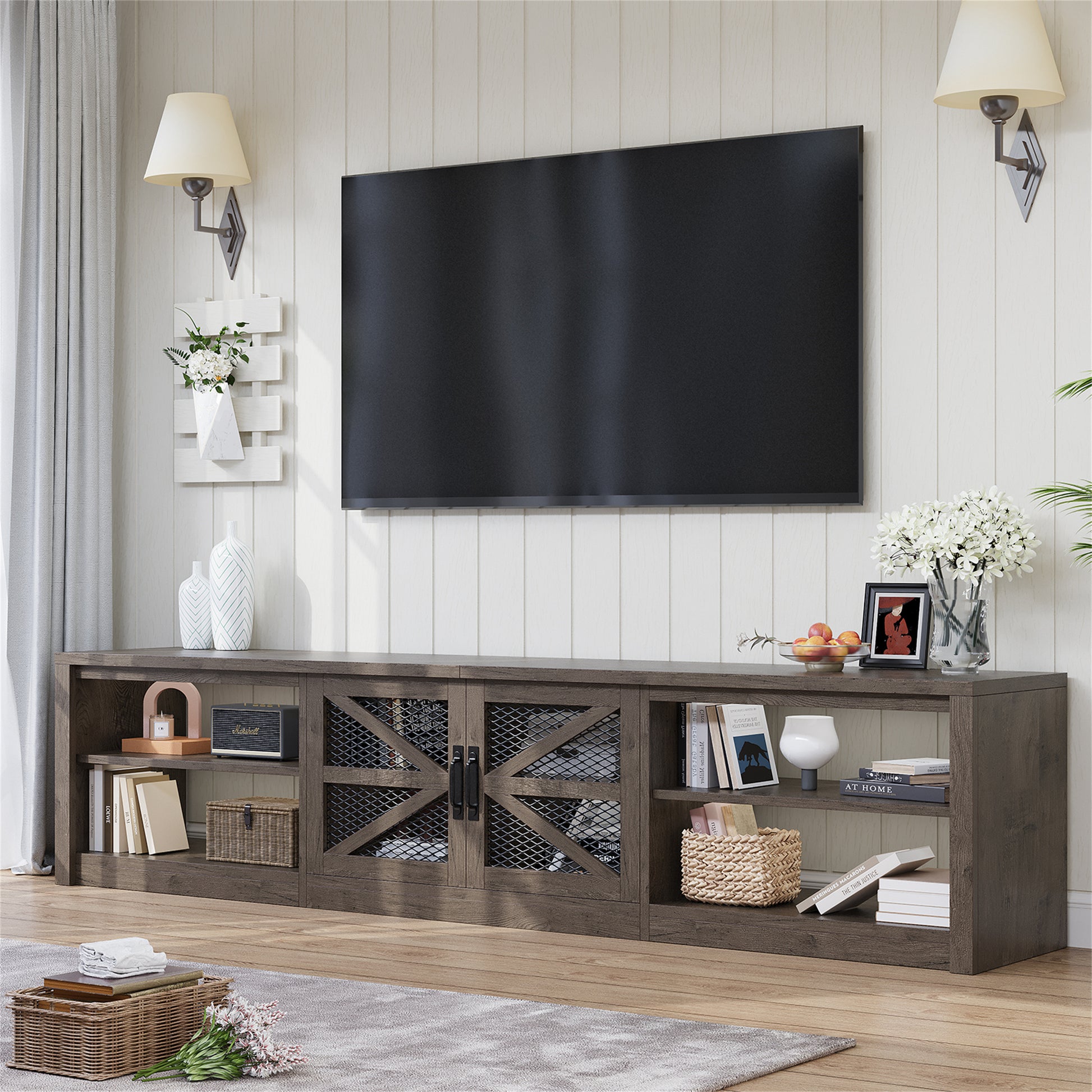 Farmhouse LED TV Stand for 65 70 75 80 85 90-Inch Tvs, Media Console Entertainment Center for Living Room, Bedroom, Grey Oak