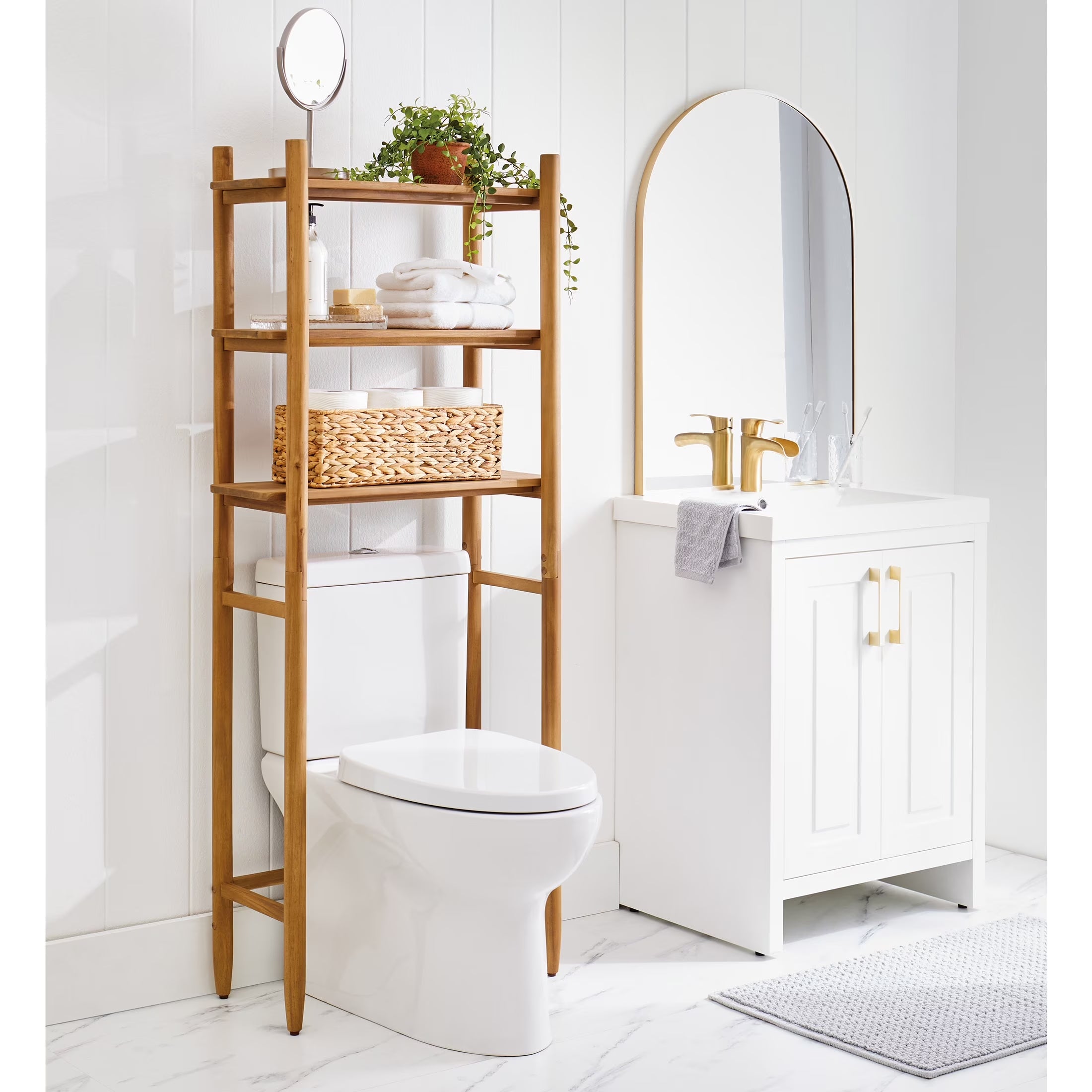 Stylish Honey Acacia Wood Over-The-Toilet Space Saver Cabinet with 3 Shelves