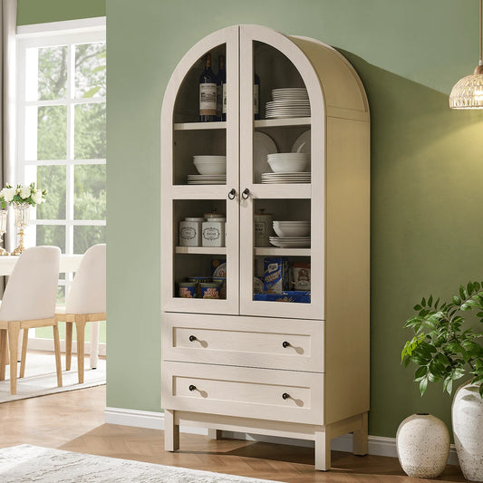 Arched Kitchen Pantry Storage Cabinet, 71" Tall Wood Pantry Shelves with 2 Doors & 2 Large Drawers for Dining Room Living Room
