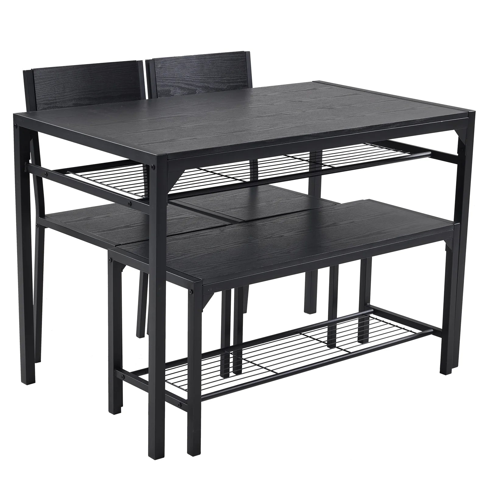 4 Pcs Dining Table Set, Dinning Set for 4 with 2 Chairs and Bench, Dinner Table with Storage Rack, Nesting Furniture Set for Dining Room, Restaurant, Black Wood