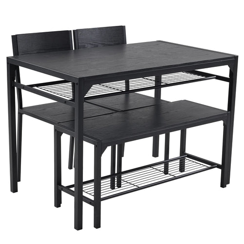 4 Pcs Dining Table Set, Dinning Set for 4 with 2 Chairs and Bench, Dinner Table with Storage Rack, Nesting Furniture Set for Dining Room, Restaurant, Black Wood
