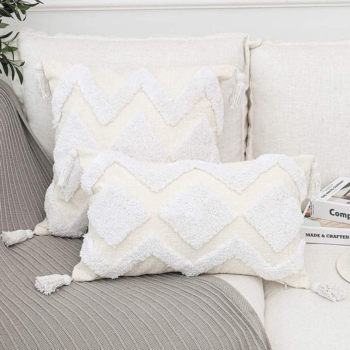 Bohemian White Throw Pillow Cover 18x18 Inches with Tassels, Moroccan Tufted Decorative Cream Chenille Fabric Accent Cushion Case for Bed and Couch, Single Piece