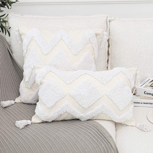Bohemian White Throw Pillow Cover 18x18 Inches with Tassels, Moroccan Tufted Decorative Cream Chenille Fabric Accent Cushion Case for Bed and Couch, Single Piece