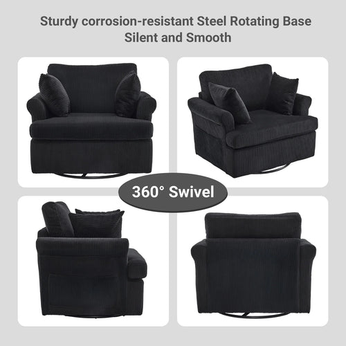 Swivel Accent Chair, 360-Degree Rotation Reading Chair, Corduroy Fabric Sofa with Armrest Pockets, Solid Metal Base, Perfect for Living Room Bedroom Black