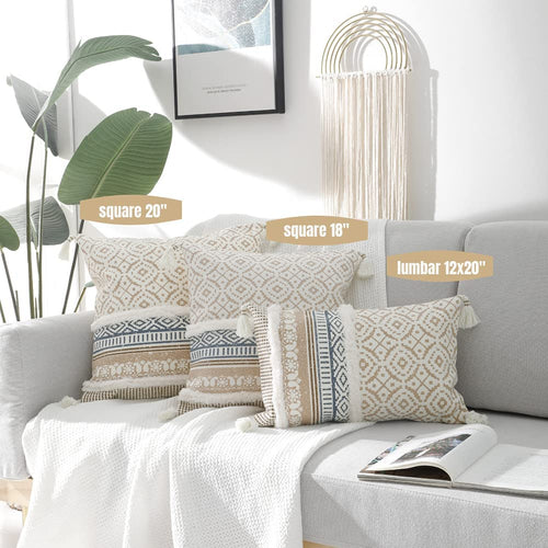 Bohemian Lumbar Decorative Pillow Cover for Couch and Sofa - Modern Moroccan Design with Tassels, Stylish Farmhouse Pillowcase for Bedroom, Living Room, Car, and Hotel, 12 x 20 Inches, Khaki