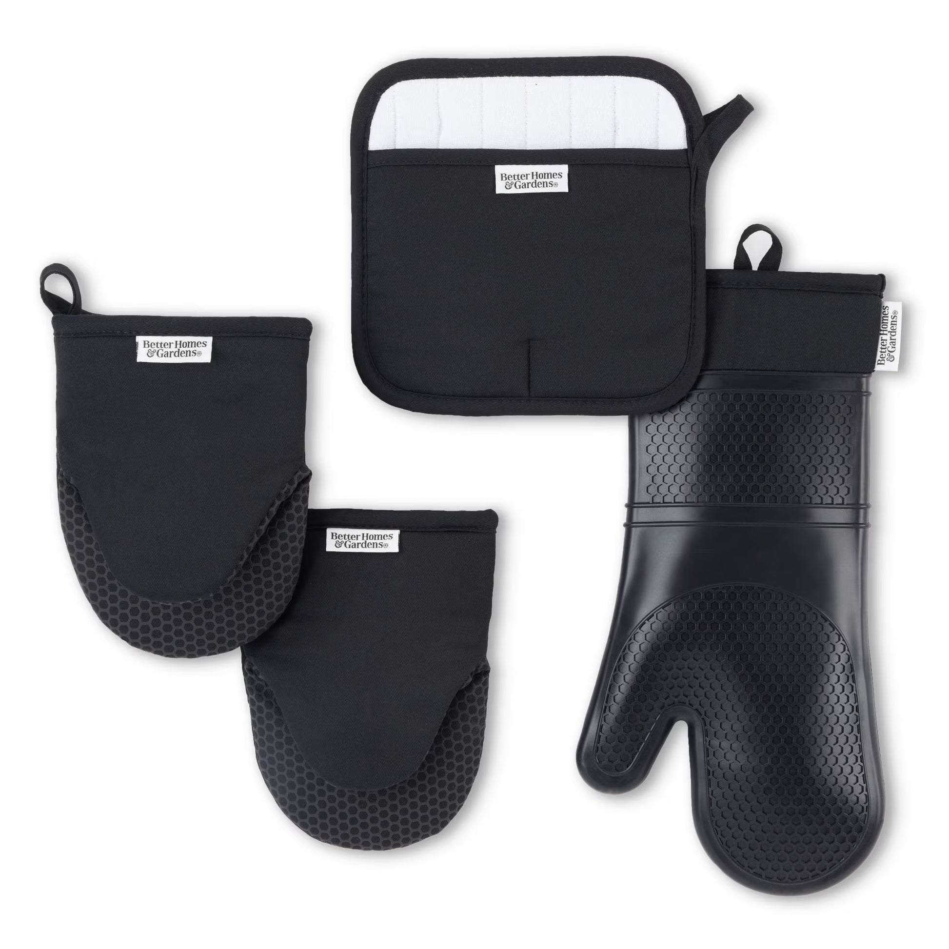 4-Piece Black Oven Mitt, Potholder, and Mini Mitt Set