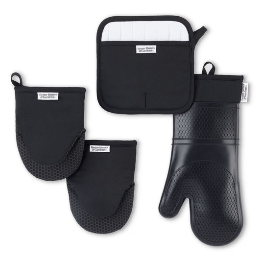 4-Piece Black Oven Mitt, Potholder, and Mini Mitt Set