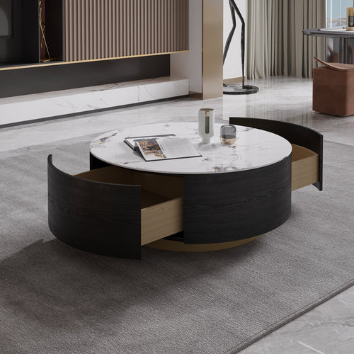 Magic Home Modern round Coffee Table with Two Drawers,Circle Coffee Table Space-Saving Multiple Purpose for Living Room,Dining Room and Home Office,Black White 2 Colors