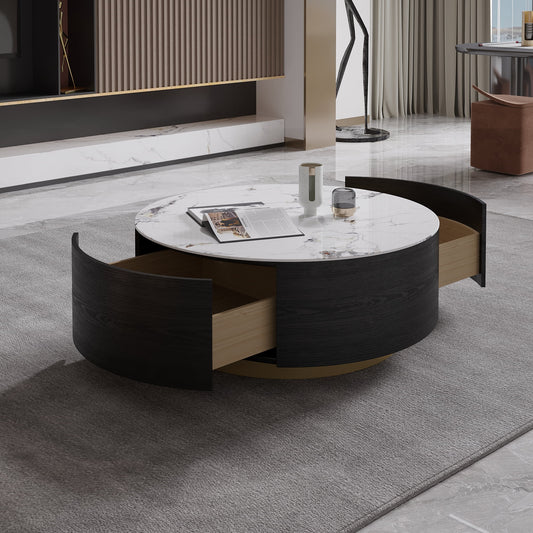Magic Home Modern round Coffee Table with Two Drawers,Circle Coffee Table Space-Saving Multiple Purpose for Living Room,Dining Room and Home Office,Black White 2 Colors