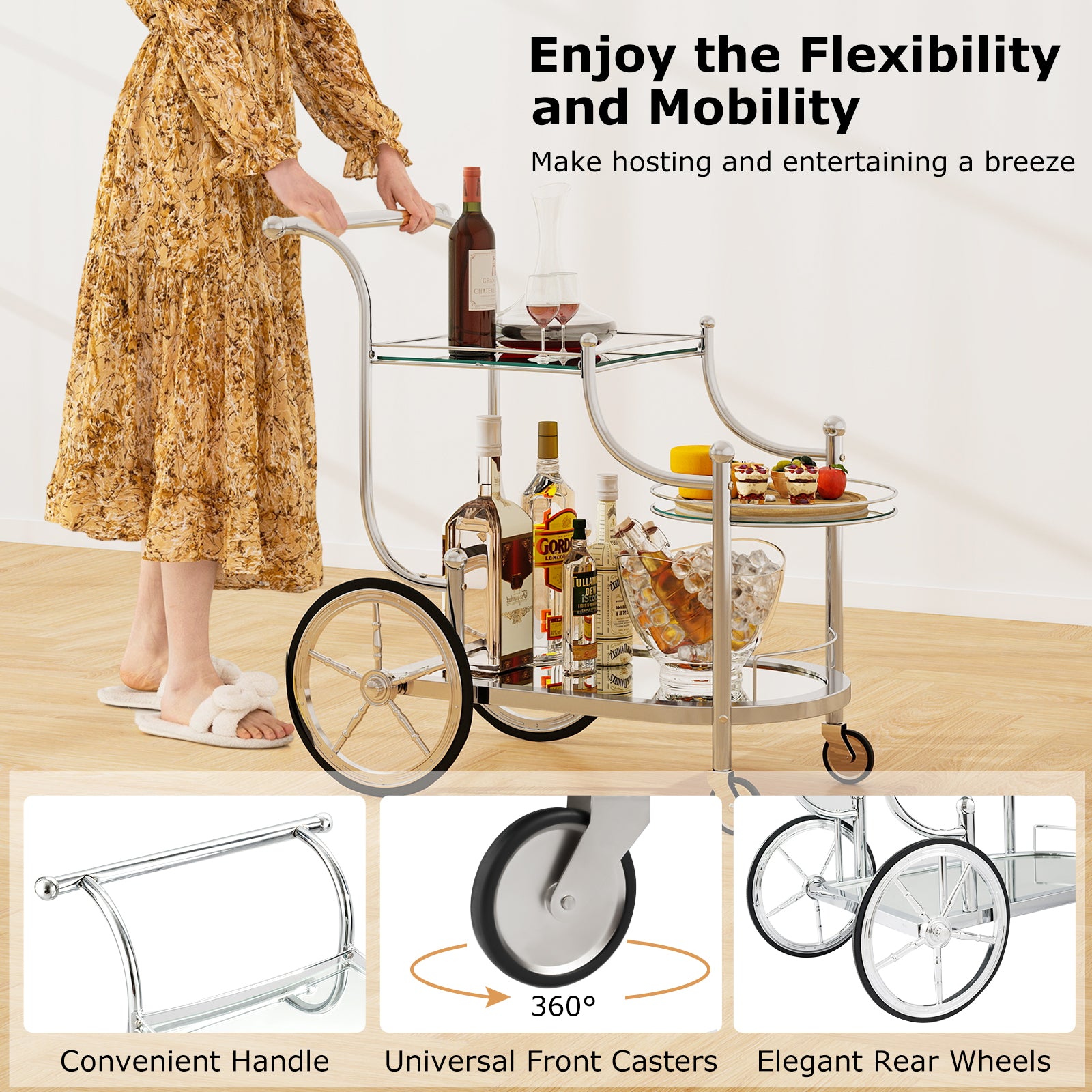 Bar Cart 3-Tier Home Bar Serving Cart on Wheels W/ Mirrored Shelves