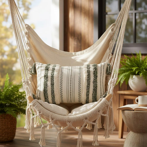 Bohemian-Inspired Summer Decorative Lumbar Pillow Cover 12x20, Textured Tufted Striped Accent for Couch and Bed in Green and Cream, Single Pack