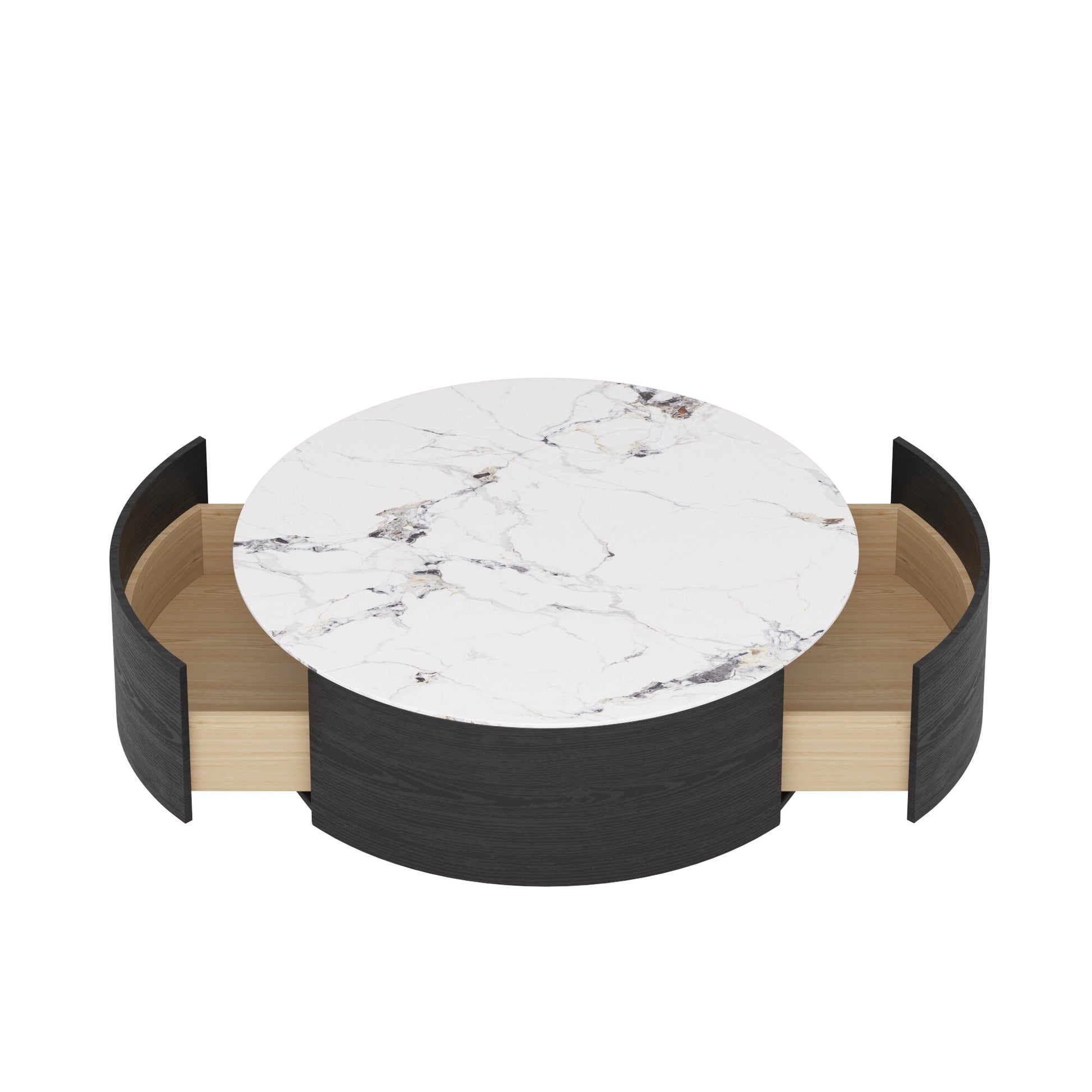 Magic Home Modern round Coffee Table with Two Drawers,Circle Coffee Table Space-Saving Multiple Purpose for Living Room,Dining Room and Home Office,Black White 2 Colors