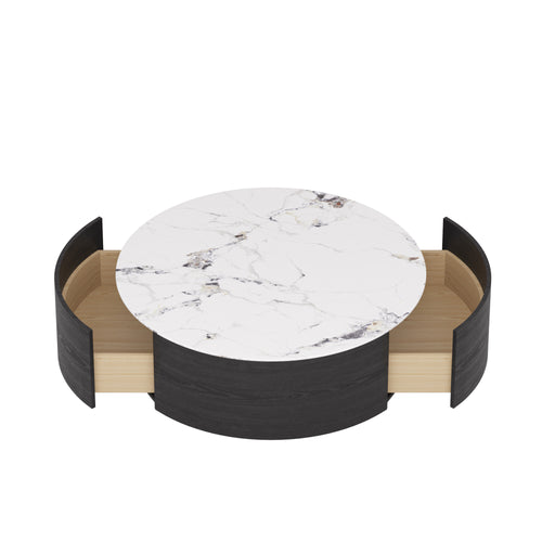 Magic Home Modern round Coffee Table with Two Drawers,Circle Coffee Table Space-Saving Multiple Purpose for Living Room,Dining Room and Home Office,Black White 2 Colors