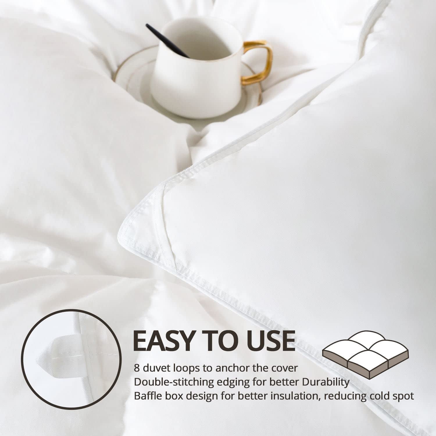 King Size All-Season Down Comforter - Medium Warmth Duvet Insert with Soft Noiseless Fabric, 8 Corner Tabs, and Machine Washable Design - White