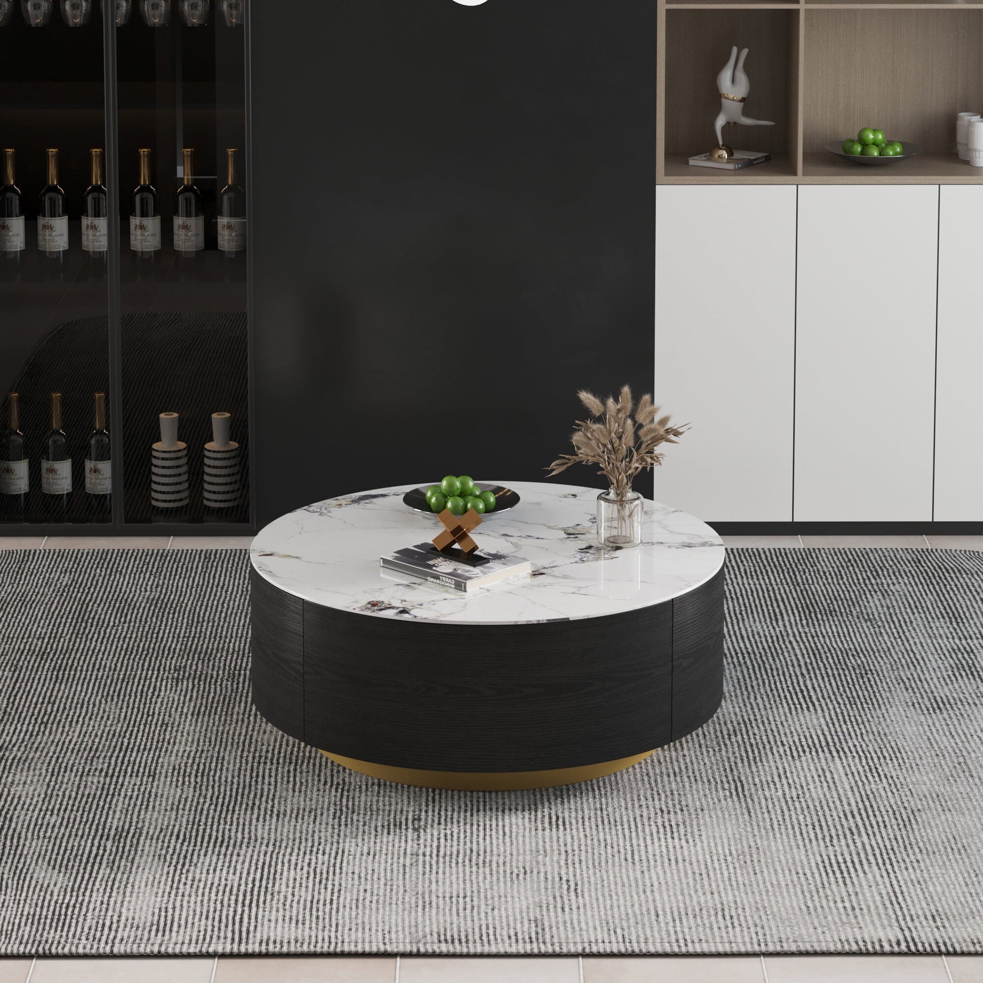 Magic Home Modern round Coffee Table with Two Drawers,Circle Coffee Table Space-Saving Multiple Purpose for Living Room,Dining Room and Home Office,Black White 2 Colors