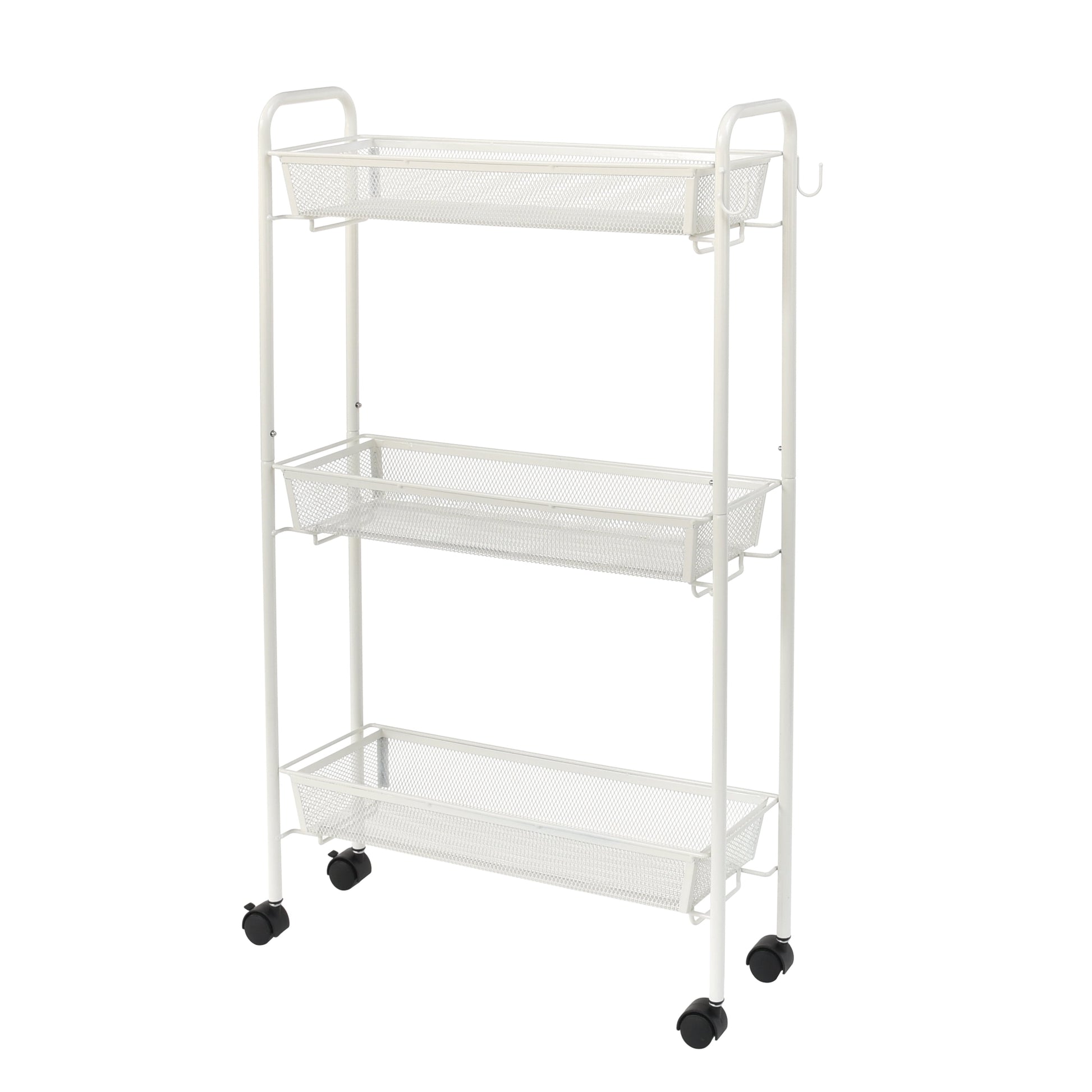 Sleek 3-Tier White Rolling Bathroom Storage Cart with Hooks - Maximize Your Space!