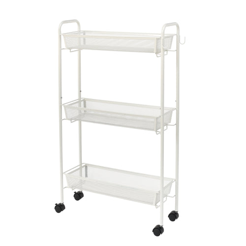 Sleek 3-Tier White Rolling Bathroom Storage Cart with Hooks - Maximize Your Space!