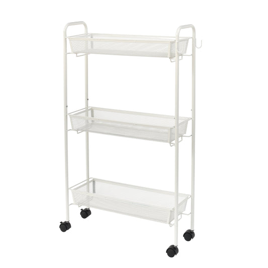 Sleek 3-Tier White Rolling Bathroom Storage Cart with Hooks - Maximize Your Space!
