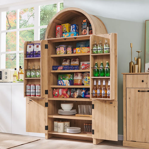 Gabinete De Almacenamiento De Despensa Arqueado Con 4 Puertas De Madera Acanaladas, Organizador De Cocina Moderno De 71" Con 6 Repisas De Puertas Y Repisas Ajustables, Armario Versátil Para Cocina Y Comedor