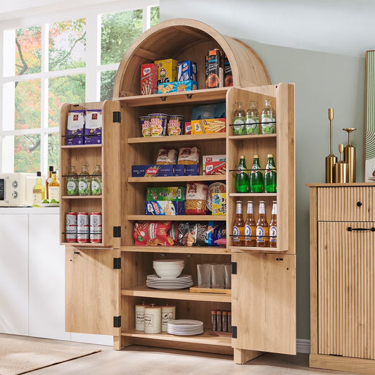 Gabinete De Almacenamiento De Despensa Arqueado Con 4 Puertas De Madera Acanaladas, Organizador De Cocina Moderno De 71" Con 6 Repisas De Puertas Y Repisas Ajustables, Armario Versátil Para Cocina Y Comedor