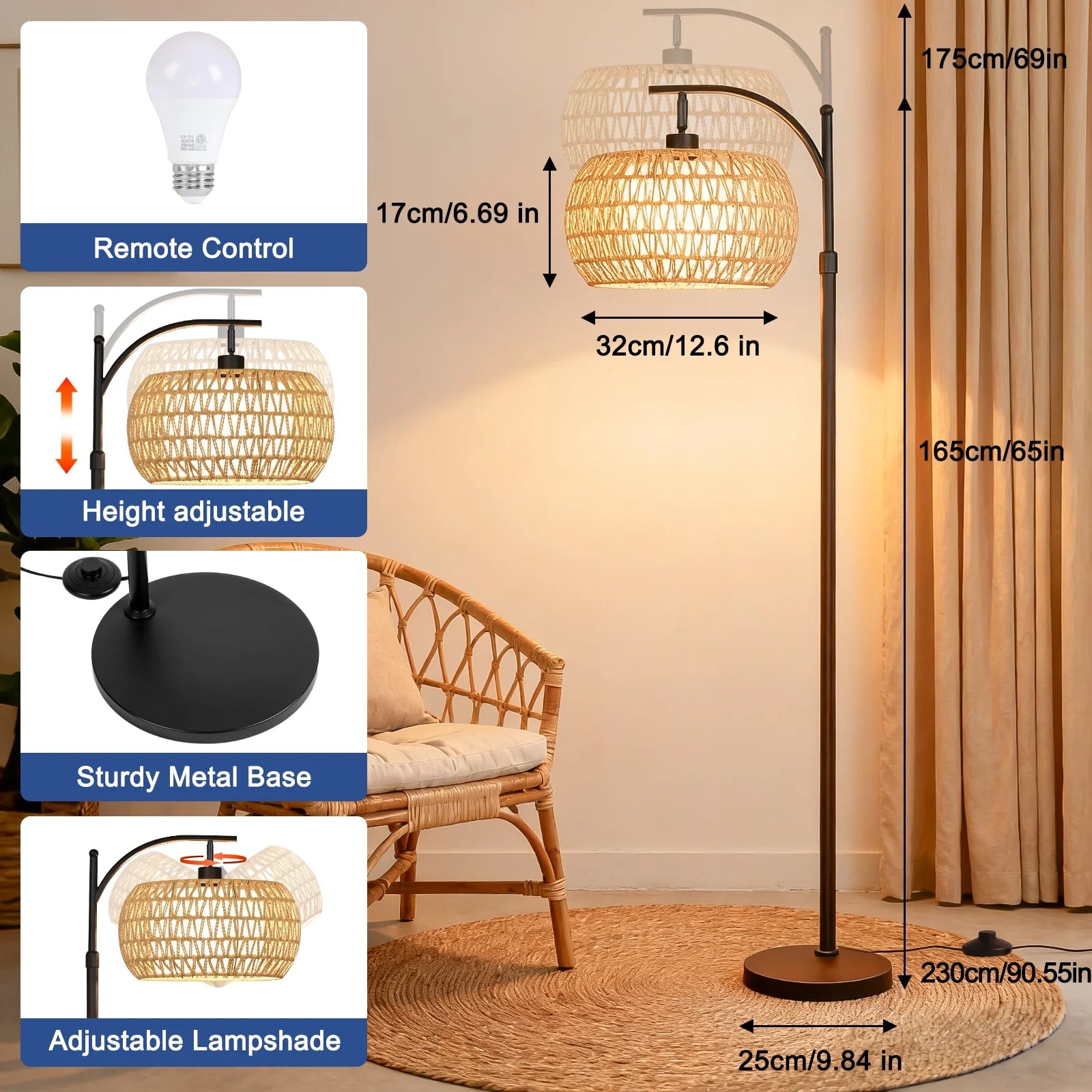 70-Inch Dimmable Arc Floor Lamp with Remote control  and Fabric Double Drum Shade