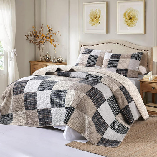 100% Cotton King Size Patchwork Quilt Set in Brown, Khaki, Black, and White - Lightweight Reversible Summer Bedding, 3-Piece Set