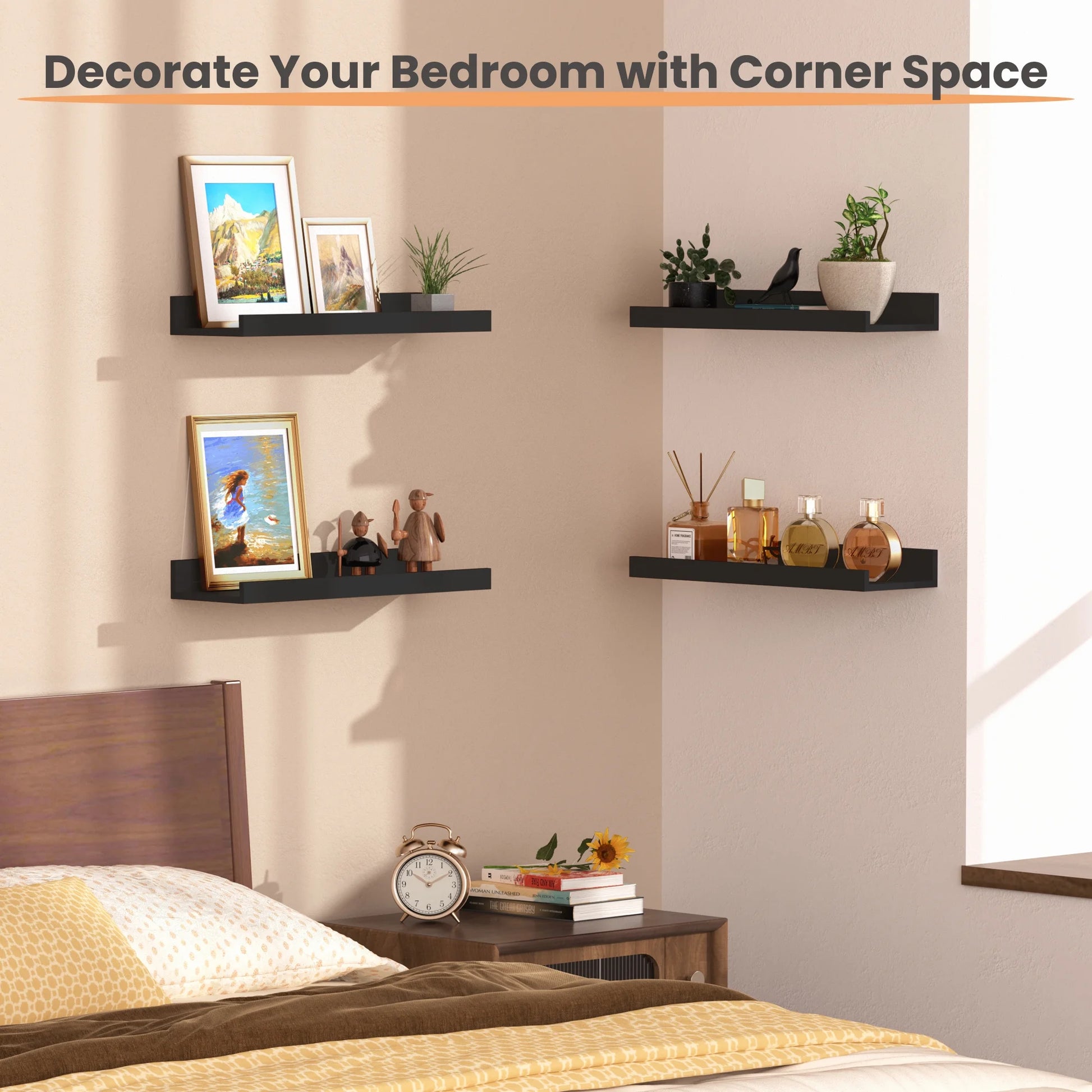 16Inch Floating Shelves for Wall, Wall Shelves for Decor Storage, Wall Mounted Wood Shelves for Bedroom, Living Room, Bathroom, Kitchen, Picture Ledge Shelves, 5 Pack, Black