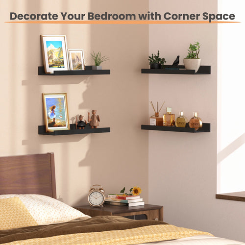 16Inch Floating Shelves for Wall, Wall Shelves for Decor Storage, Wall Mounted Wood Shelves for Bedroom, Living Room, Bathroom, Kitchen, Picture Ledge Shelves, 5 Pack, Black