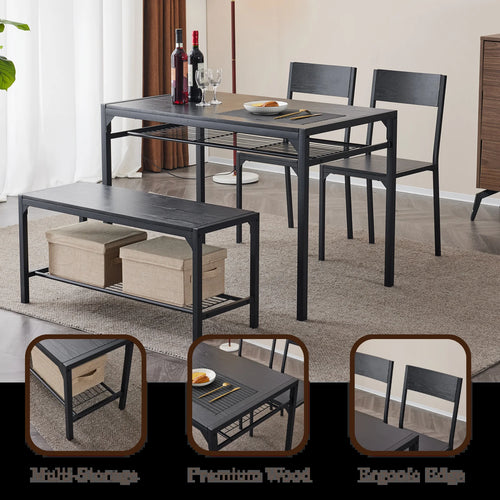 4 Pcs Dining Table Set, Dinning Set for 4 with 2 Chairs and Bench, Dinner Table with Storage Rack, Nesting Furniture Set for Dining Room, Restaurant, Black Wood
