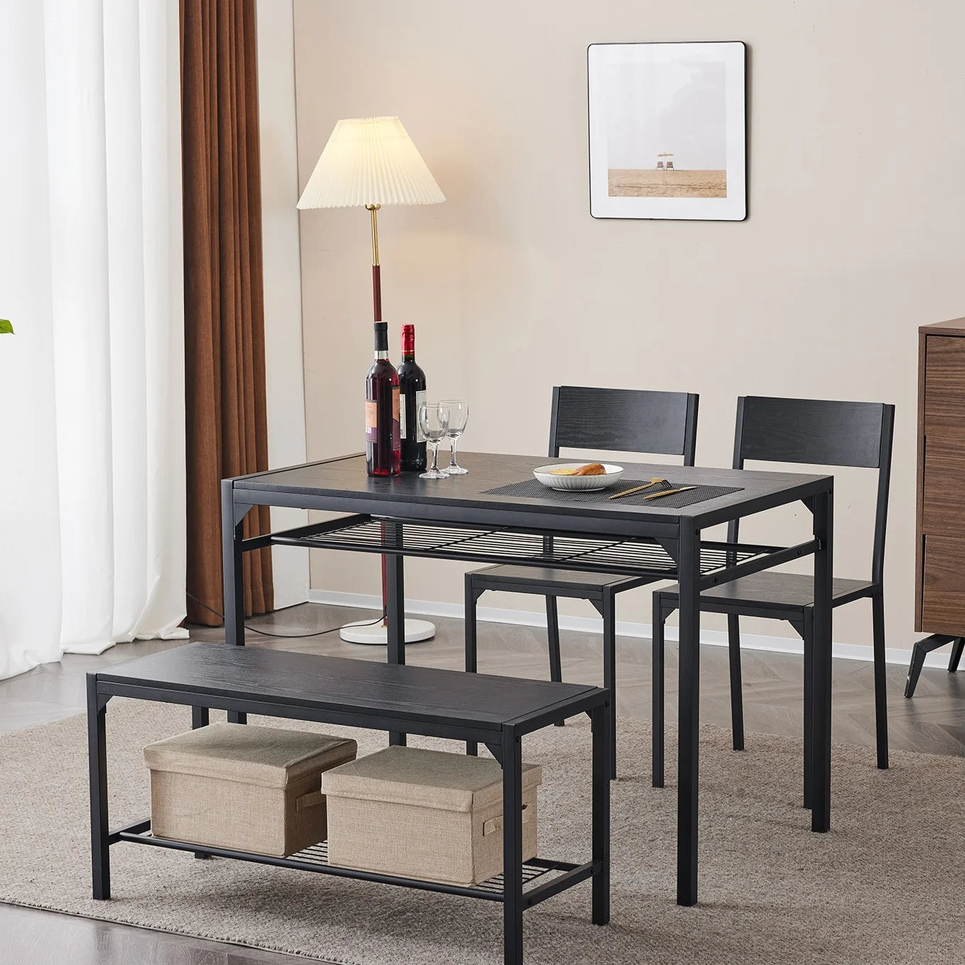 4 Pcs Dining Table Set, Dinning Set for 4 with 2 Chairs and Bench, Dinner Table with Storage Rack, Nesting Furniture Set for Dining Room, Restaurant, Black Wood
