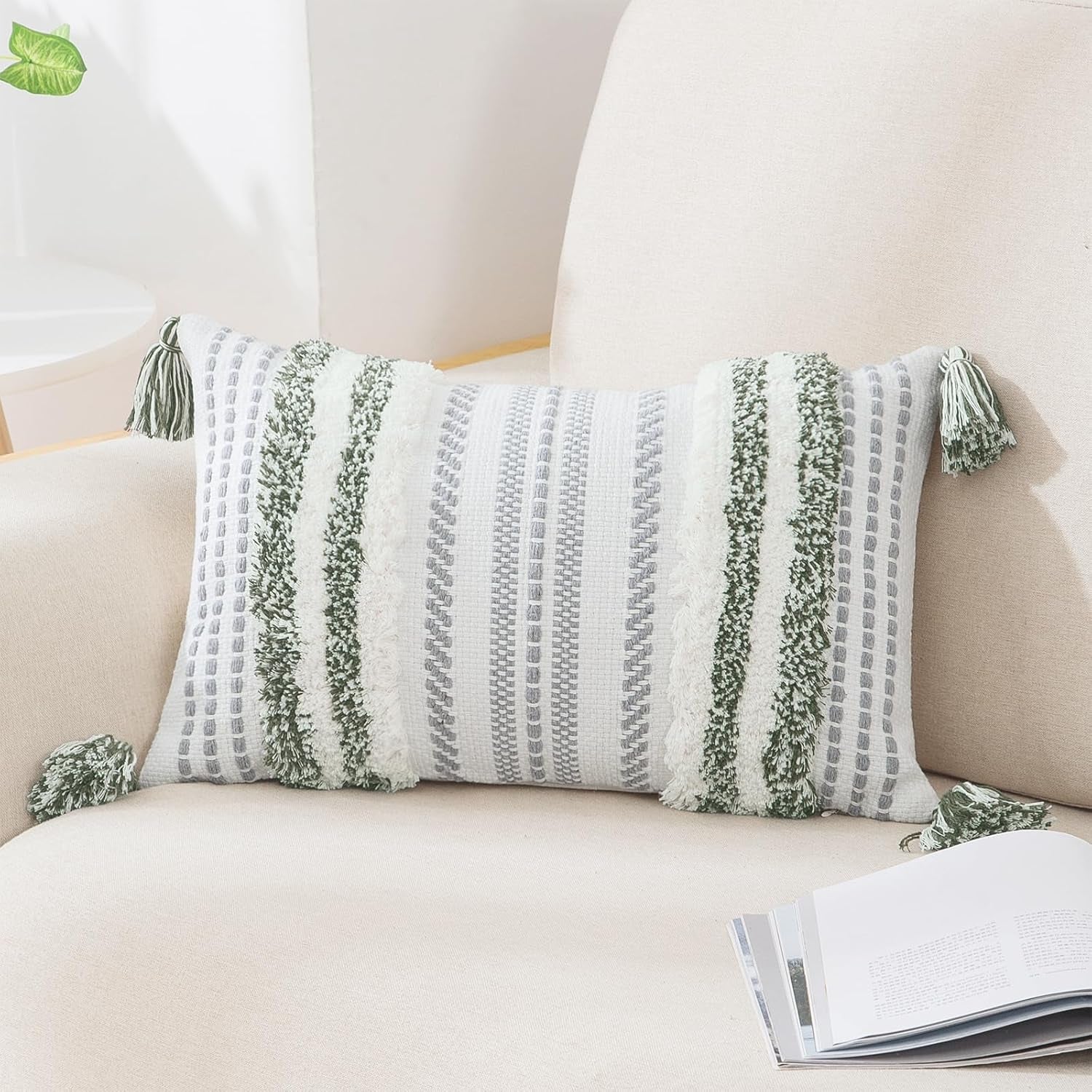 Bohemian-Inspired Summer Decorative Lumbar Pillow Cover 12x20, Textured Tufted Striped Accent for Couch and Bed in Green and Cream, Single Pack