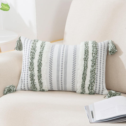 Bohemian-Inspired Summer Decorative Lumbar Pillow Cover 12x20, Textured Tufted Striped Accent for Couch and Bed in Green and Cream, Single Pack