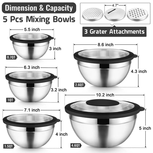8-Piece Stainless Steel Mixing Bowls Set with Airtight Lids and Graters - Perfect for Kitchen Prep, Grating, and Mixing - Sleek Black Design
