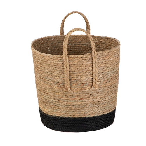 Natural and Black round Rush Baskets, Set of 2