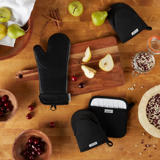 4-Piece Black Oven Mitt, Potholder, and Mini Mitt Set