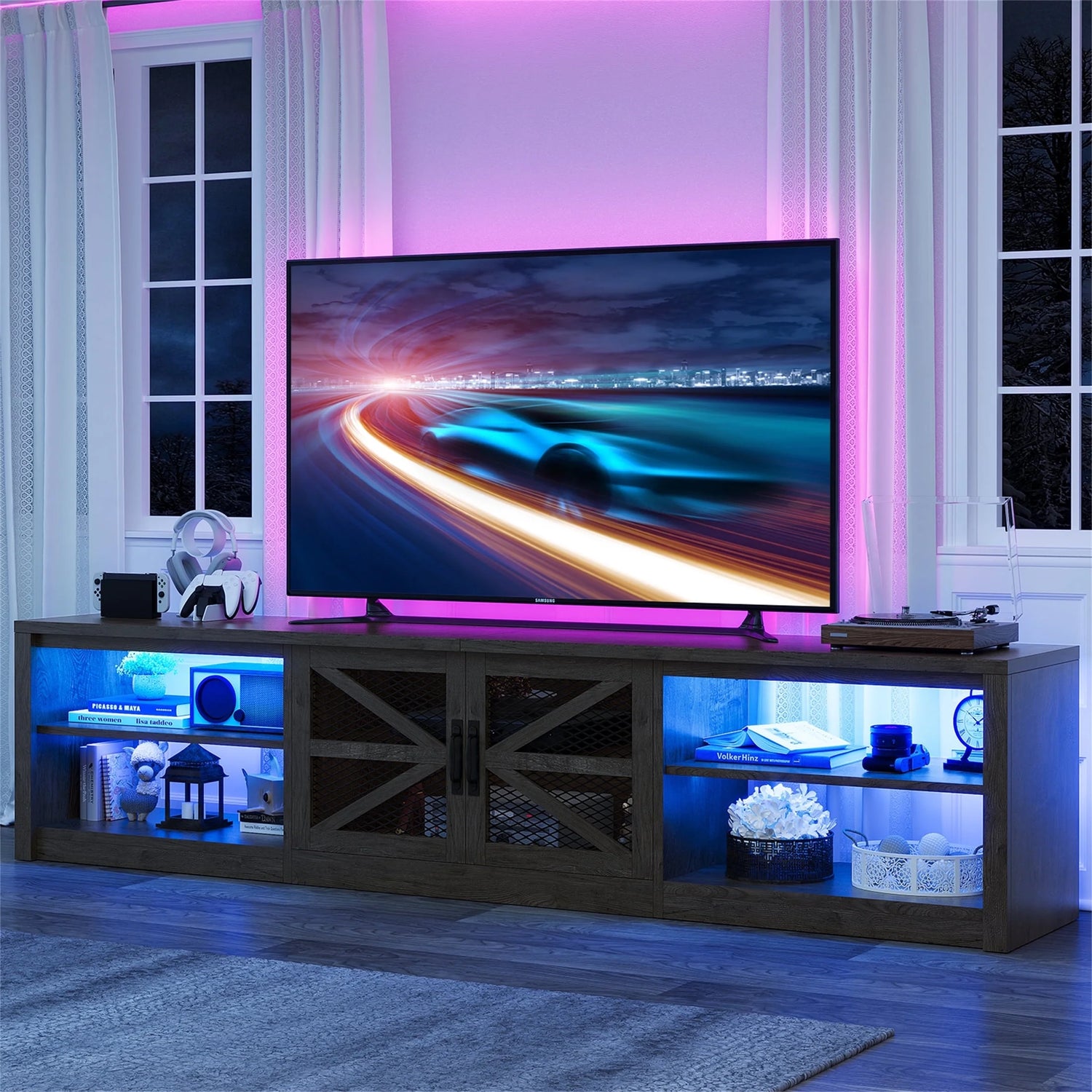 Farmhouse LED TV Stand for 65 70 75 80 85 90-Inch Tvs, Media Console Entertainment Center for Living Room, Bedroom, Grey Oak
