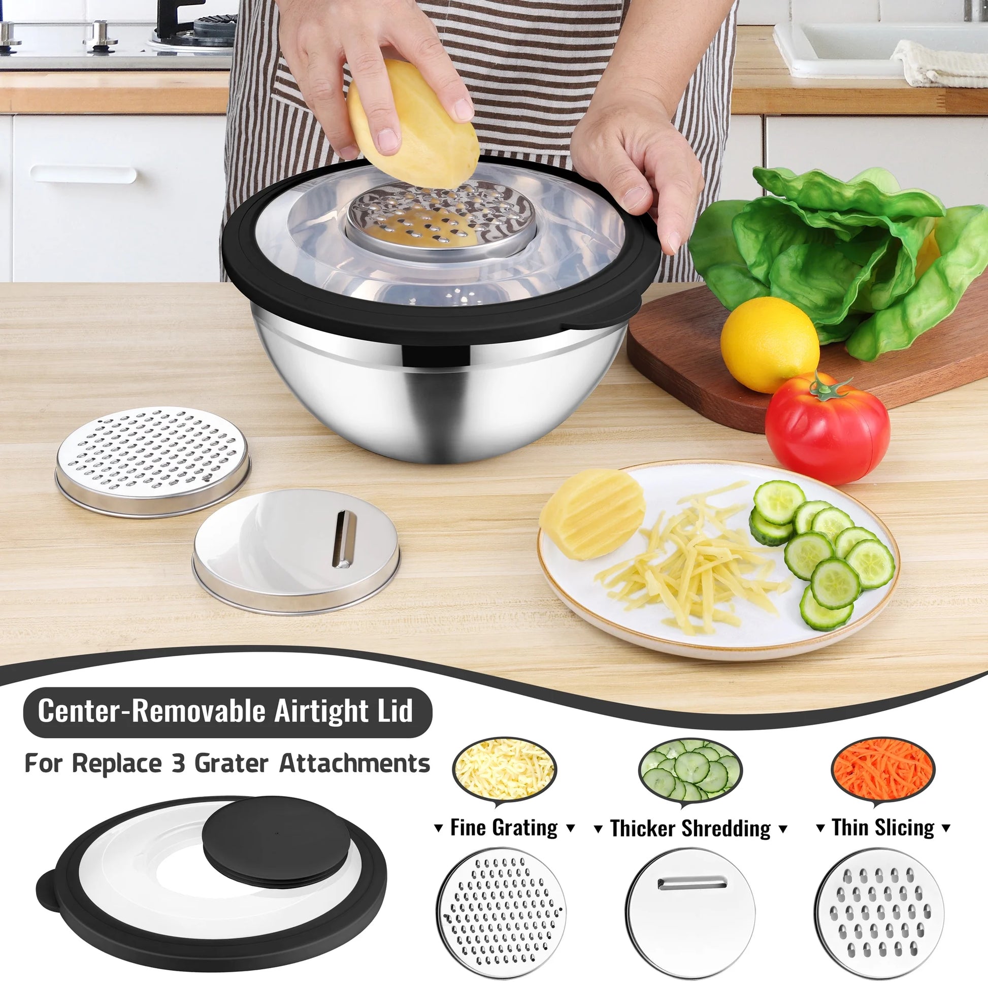 8-Piece Stainless Steel Mixing Bowls Set with Airtight Lids and Graters - Perfect for Kitchen Prep, Grating, and Mixing - Sleek Black Design