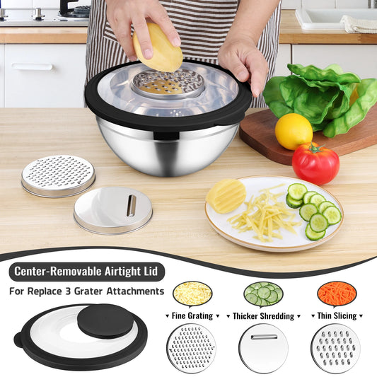 8-Piece Stainless Steel Mixing Bowls Set with Airtight Lids and Graters - Perfect for Kitchen Prep, Grating, and Mixing - Sleek Black Design