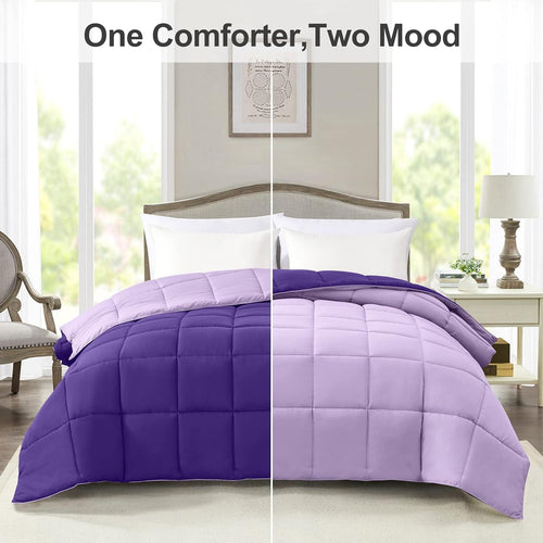 Twin Size Reversible Down Alternative Comforter - Lightweight Quilted Bedding in Plum and Light Purple for All Seasonsp plop