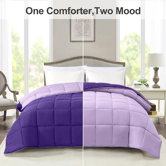 Twin Size Reversible Down Alternative Comforter - Lightweight Quilted Bedding in Plum and Light Purple for All Seasonsp plop