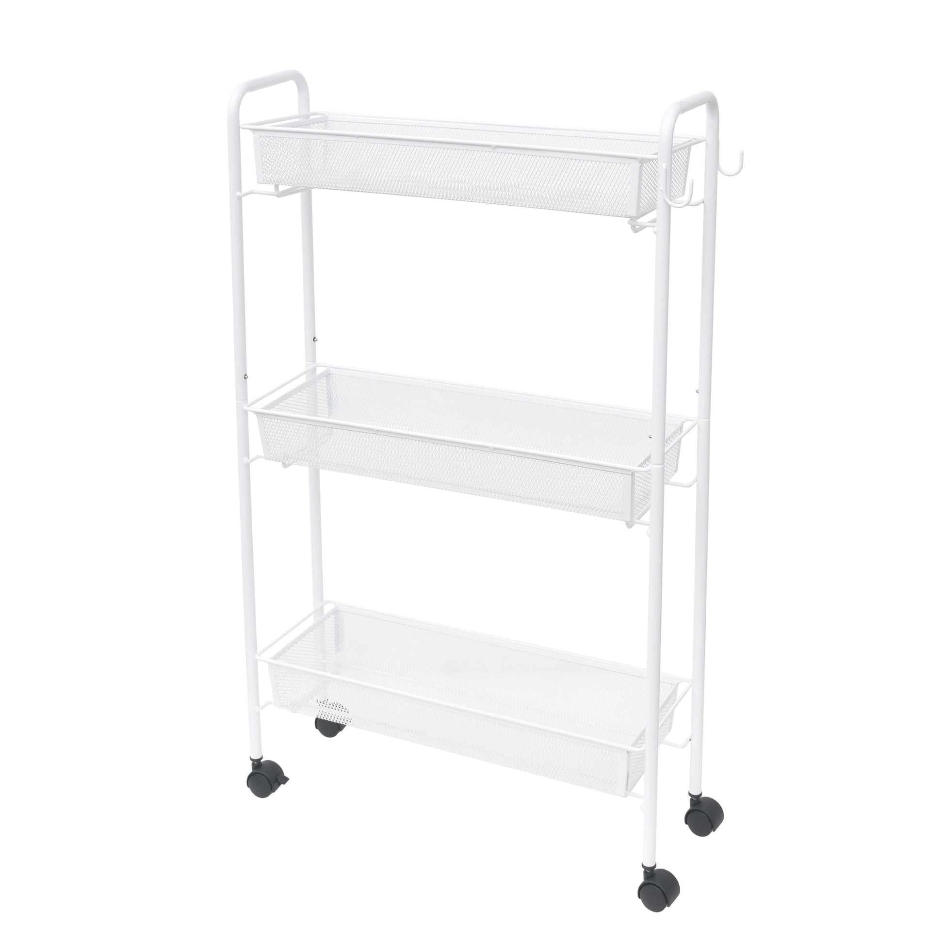 Sleek 3-Tier White Rolling Bathroom Storage Cart with Hooks - Maximize Your Space!