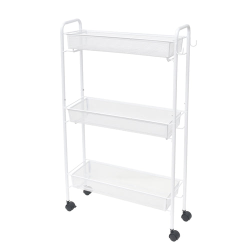 Sleek 3-Tier White Rolling Bathroom Storage Cart with Hooks - Maximize Your Space!