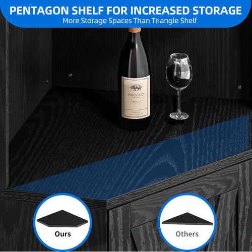 67" Corner Bar Cabinet with LED Lights, Wine Glass Holder & Storage Shelves, Black