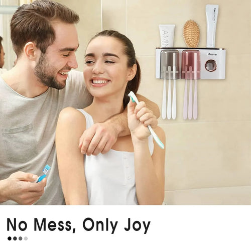 Bathroom Organizer with Toothpaste Dispenser and 2 Cups - Wall-Mounted Toothbrush Holder